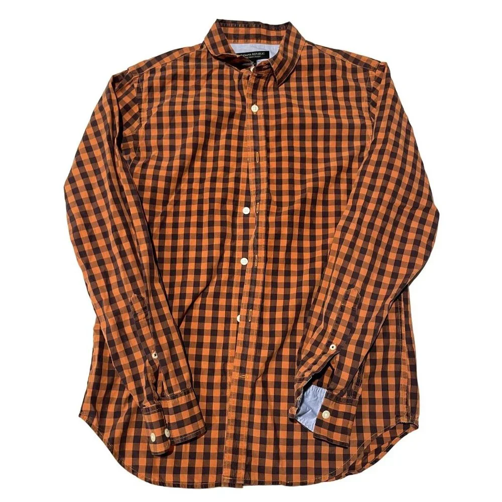 Banana Republic Soft Wash Slim Fit Shirt Mens Small Orange Brown Gingham Check u
